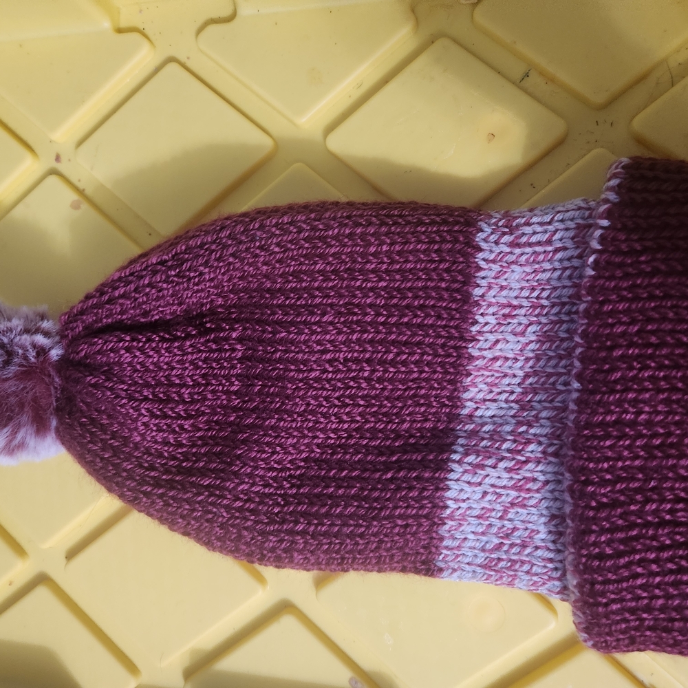 New! Hand Knitted Stylish Burgundy Knit Hat with Pom Pom